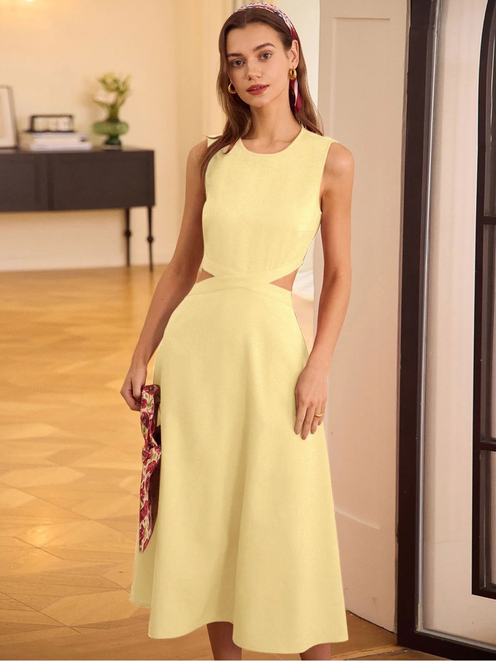 NWT RIHOAS Pale Yellow Sleeveless Cutout Midi Dress